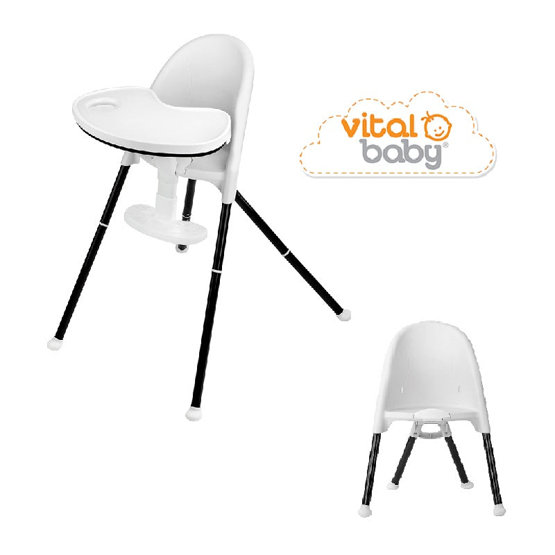 Vital Baby Nourish High Chair for Babies Toddlers Stylish Compact Adjustable Footrest with Additional Removable Cushion Lightweight Travel Folding, White