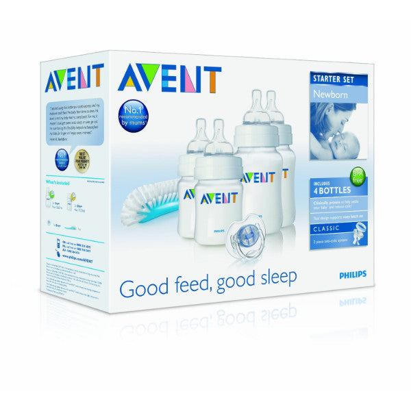 Avent Classic Newborn Starter Set Baby Feeding Bottles with Soother & Brush cutebabyangels.co.uk